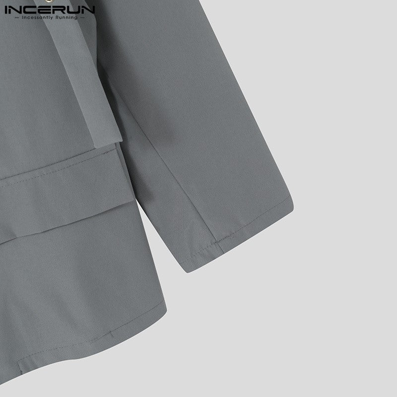 INCERUN Korean Fashion Men Blazer Casual Long Sleeve Solid Tops Pocket Button Steetwear Male Outfits Well Fitting Vintage Coats