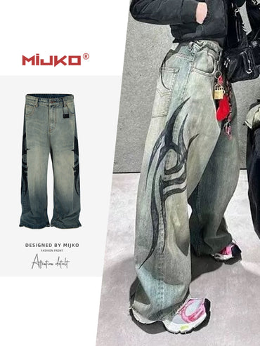 MIJKO New Retro Dragon Pattern Totem Print Bamboo Baggy Drawstring Washed Jeans For Men Women Denim Pants ZJ083