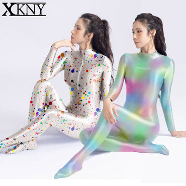 AMORESY Satin Glossy tights colourful Glossy bodysuit Silk Smooth Long sleeved zipper full body suit