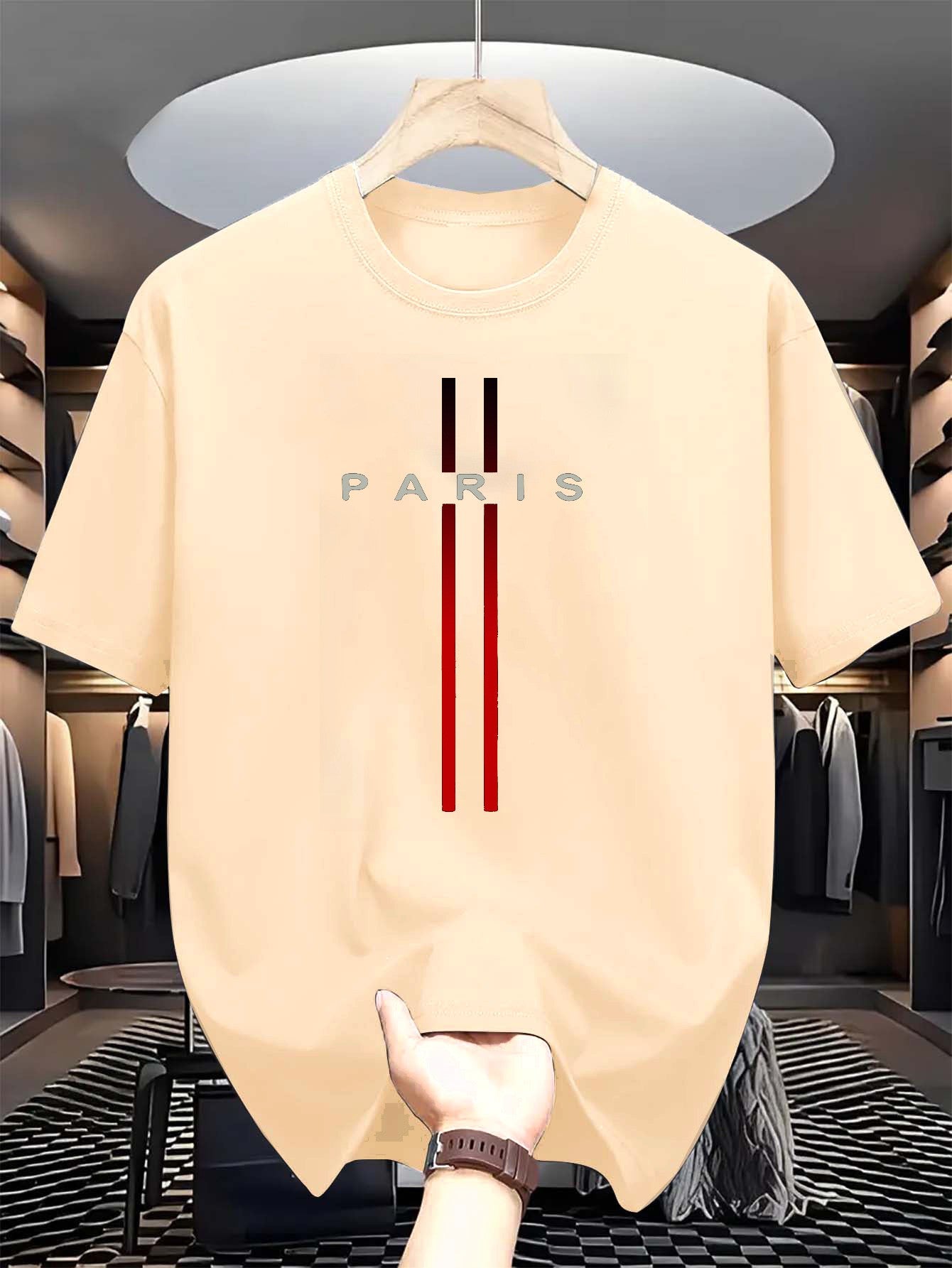 Men's 100% pure cotton summer casual loose fashion Paris letter printed comfortable round neck short sleeved T-shirt top