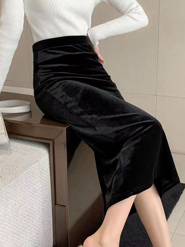 Elegant Velvet Black Long Skirts Women Autumn Winter High Waist Faldas Korean Fahion Clothing Office Ladies Bodycon Midi Skirt