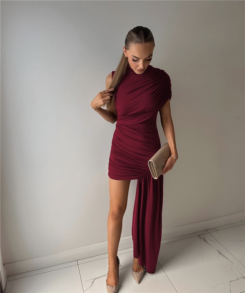 Balitops Summer Draped Ruched Sexy Mini Dress Women 2025 New Irregular High Wais