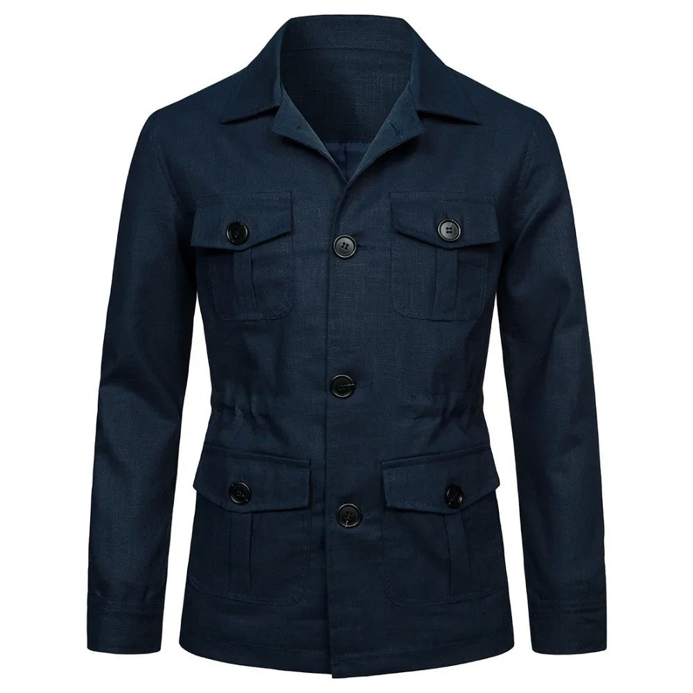 Mens Coats Safari Jacket Linen British Retro Gentry Suit Pockets Outerwear Fashion Solid Color Male Tops