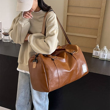Fashion Women'S Travel Totes Duffle PU Leather Gym Sports Fitness Casual Luggage Handbag Shoes Pocket Shoulder Weekend Bag