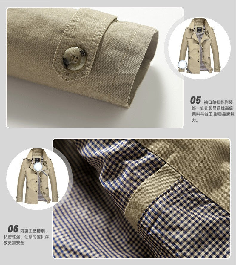 Men's Spring and Autumn New Fashion Casual Cotton Trench Coat, Solid Color Lapel Single-breasted Mid-long Splicing Trench Coat