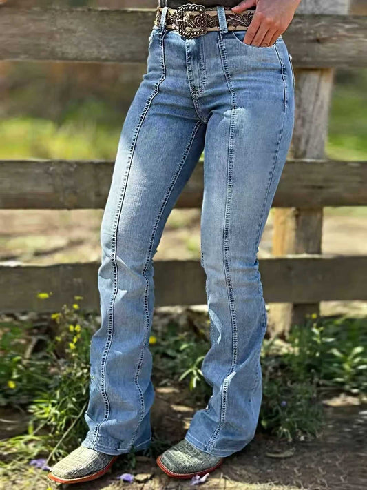 Women's Vintage Distressed Line Flared Jeans, Slim Fit, Mid Rise, Stretchable, Casual, Washed Denim Bell Bottoms