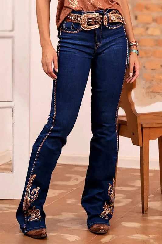 Stylish Cowgirl Boo-Cut Denim Jean Exquisite Embroidery Stretch & Comfortable Ladies Country Outfit Western Women Trousers T02
