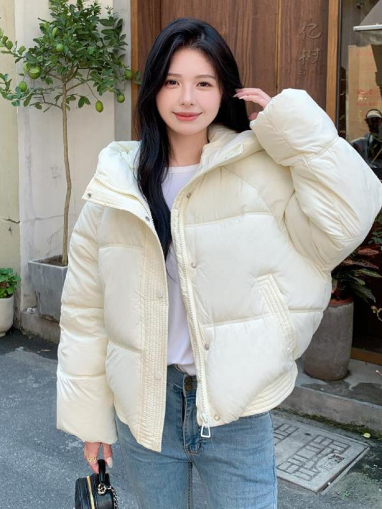 Korean Winter Women Black Beige Hood Zipper Down Jacket Ladies Blue Single Breasted Short Warm Thick Bread Coat Streetwear Trend