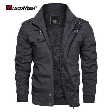MAGCOMSEN Men's Fleece Jackets Windbreaker Coats Fall Winter Thermal Bomber Jackets Multi-pockets Stand Collar Motorcycle Jacket