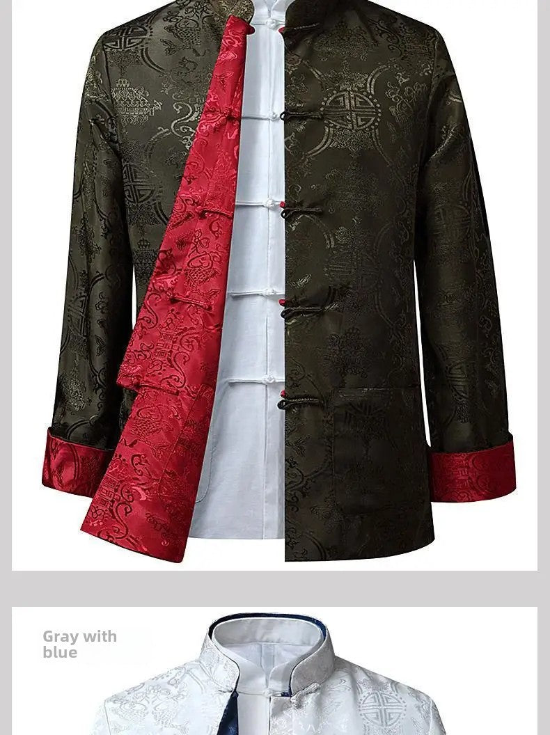 Spring Autumn Double-Sided Wearable Vintage Blazer Jacket Men's Casual Chinese Style Middle-Aged And Elderly Fashion Outerwear