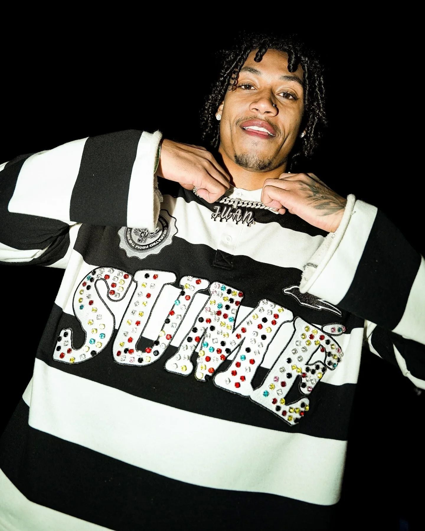 New Sume Gem Stone Embroidery Rugbys Long Sleeved T-shirt Men Women Harajuku Hip Hop Stripe Polo Shirt Classics Lapel Neck Shirt