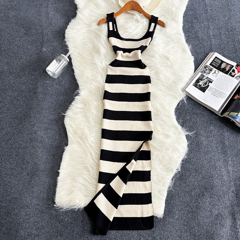 2024 Stripe Summer Elastic Split Bodycon Dress Sexy Beach Vacation Sundress Wome