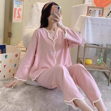 Ins style women's simple long sleeved long pants pajama set Spring/Autumn girl style solid color sweet cardigan home suit set