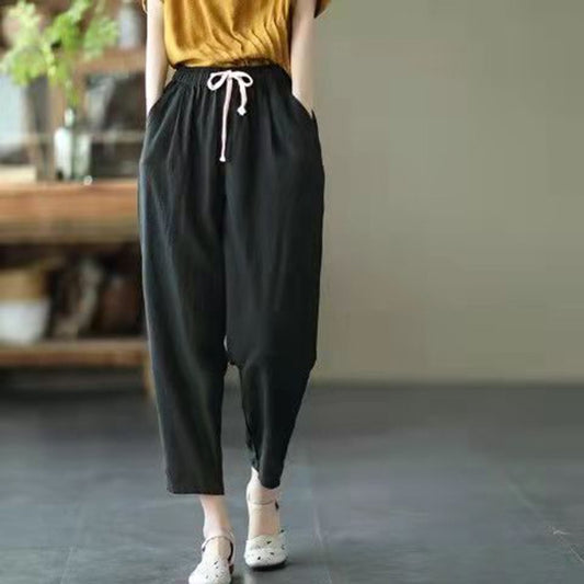 Solid Color Cotton and Linen Pants for Woman Vintage Loose Streetwear Harem Trousers Female Casual High Waist Drawstring Pants