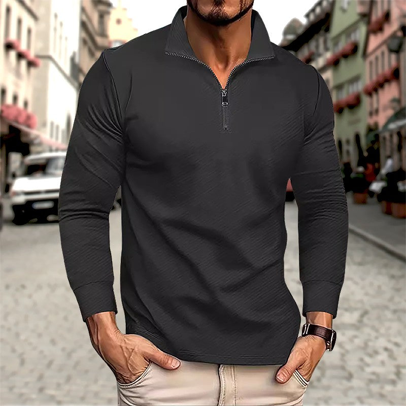 Men's Business Casual Polo Long Sleeve T-shirt spring and autumn Twill jacquard zipper polo shirt Comfortable and Breathable Top