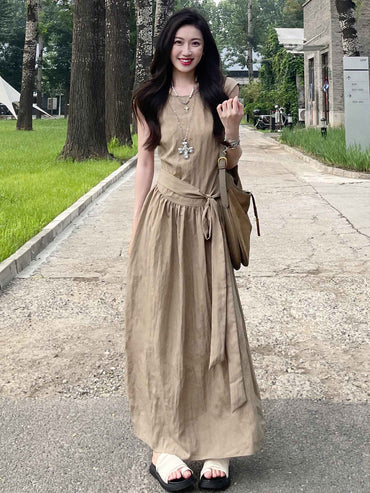 French Riviera Maxi Dress Women Sleeveless Vacation Wear Sculpted Waist Effortless Elegance Seaside Aesthetic Minimalist Luxury