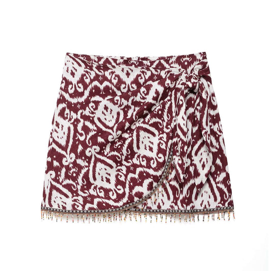 Zevity Women Fashion Totem Print Colorful Beading Tassel Mini Sarong Skirt Faldas Mujer Female Chic Back Zipper Vestidos QUN9282