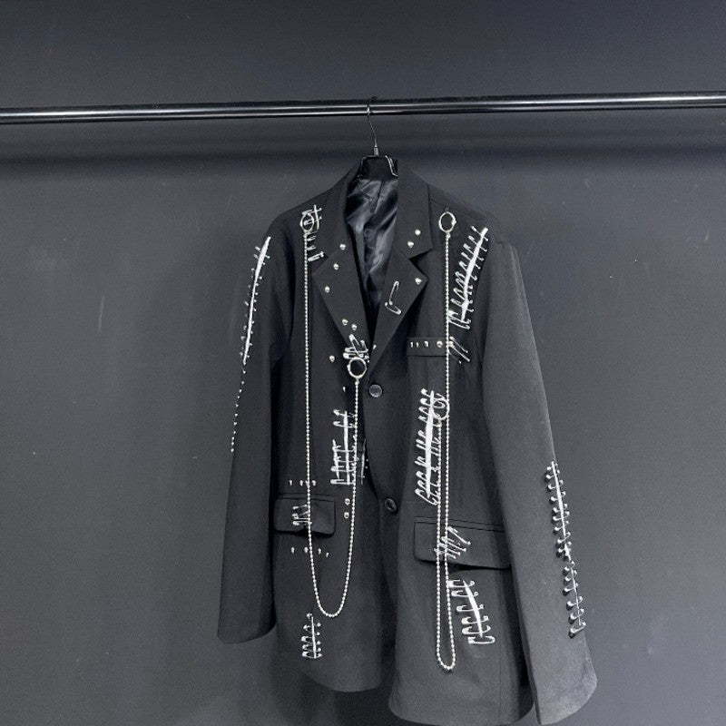 WVGA Autumn Winter New Man Tide Destroyed Metal Punk Rivet Chain Rock Suit Coat Niche Chic Casual Long Sleeved Blazer Ins W14182