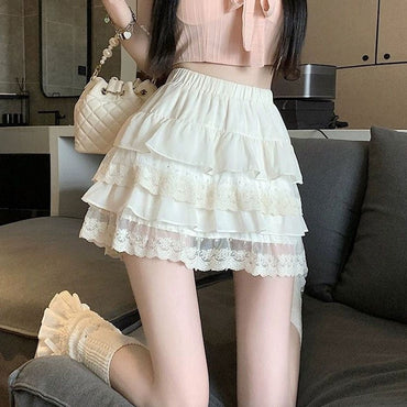 JOEVILU White Tutu Skirt A-line Elastic High Waist Mini Skirts Short Lace Cake Skirt Thin Summer Korean Fashion Goth Y2k Clothes