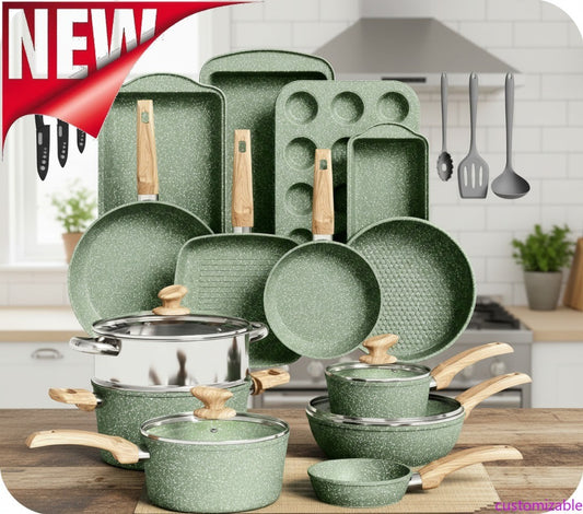 30-Piece Non-Stick Granite Cookware Set, Induction Compatible Pots & Pans with Bakeware, Green Kitchen Essentials