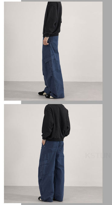 KSTUN 2025 Men Washed Vintage Cargo Pants 100% Cotton Loose Fit Oversize Multi-Pockets Trousers Blue Male Casual Scimitar Pants