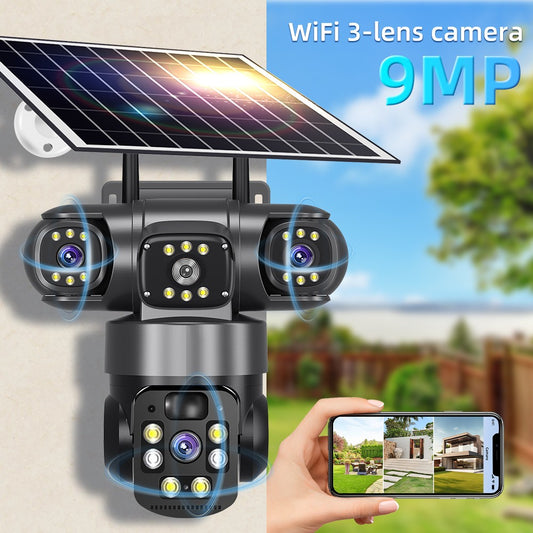 Câmera Solar WiFi Full HD 9MP 3 Telas 3 Lentes Zoom 10X Câmera com Detecção Humana PIR Vigilância Visão Noturna Proteção de Segurança