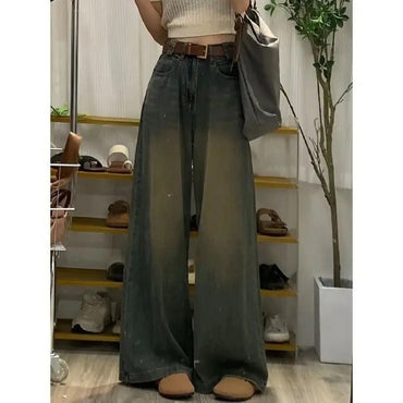 American Style Vintage Faded Wide Leg Jeans Women Summer Small Size Draping Slim Loose High Waist Straight Floor-Length Pants