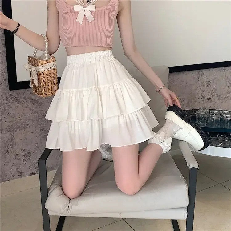 Pleated A-line Skirt White Women Ruffles Sweet Hottie Preppy Style Elastic Elast