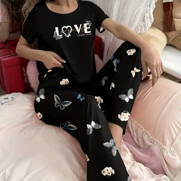 Stylish Simple Women's Summer Breathable Comfort Pajamas Women's Digital Alphabet Butterfly Print Short Sleeve Set Sleepwear