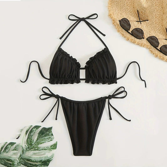 Light Blue Ribbed String Halter Swimwear Ruffled Bandeau Bikinis Sets Micro Thong Swimsuit Woman 2025 Bathing Suit Bikini Dames