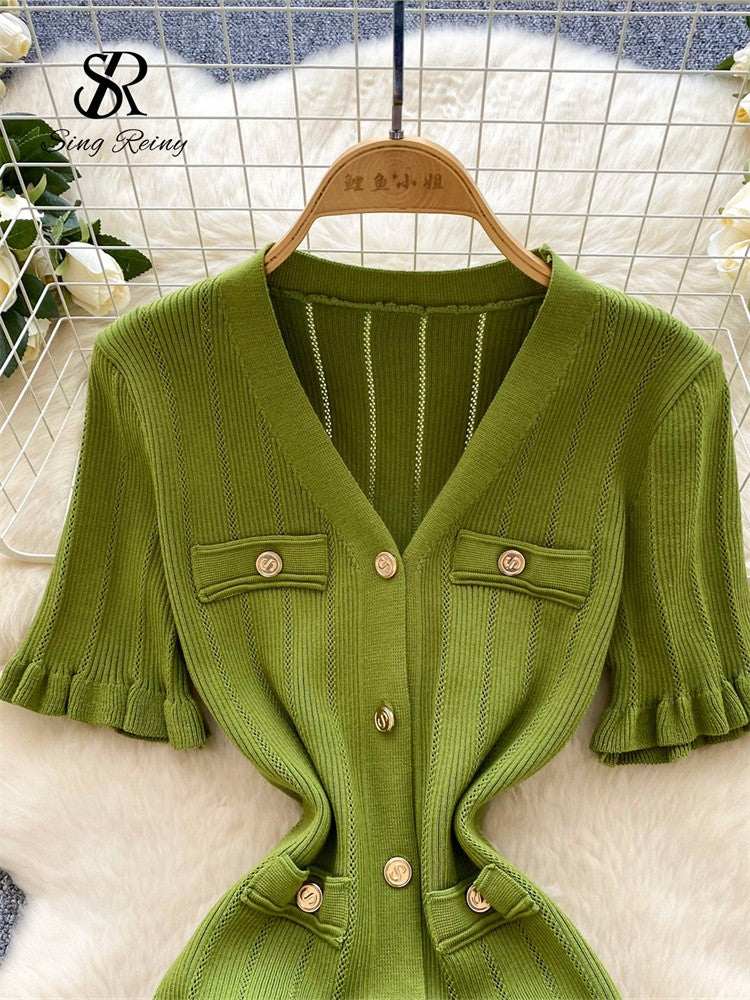 SINGREINY Summer OL Knit Dress 2025 Women V Neck Button Design Slim Mermaid Sund