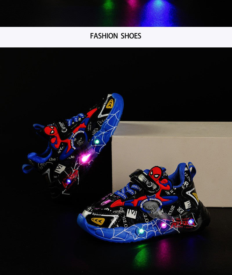 Disney LED Casual Sneakers Red Black For Spring Boys Spiderman Outdoor Shoes Children Lighted Non-slip Shoes Size 21-30