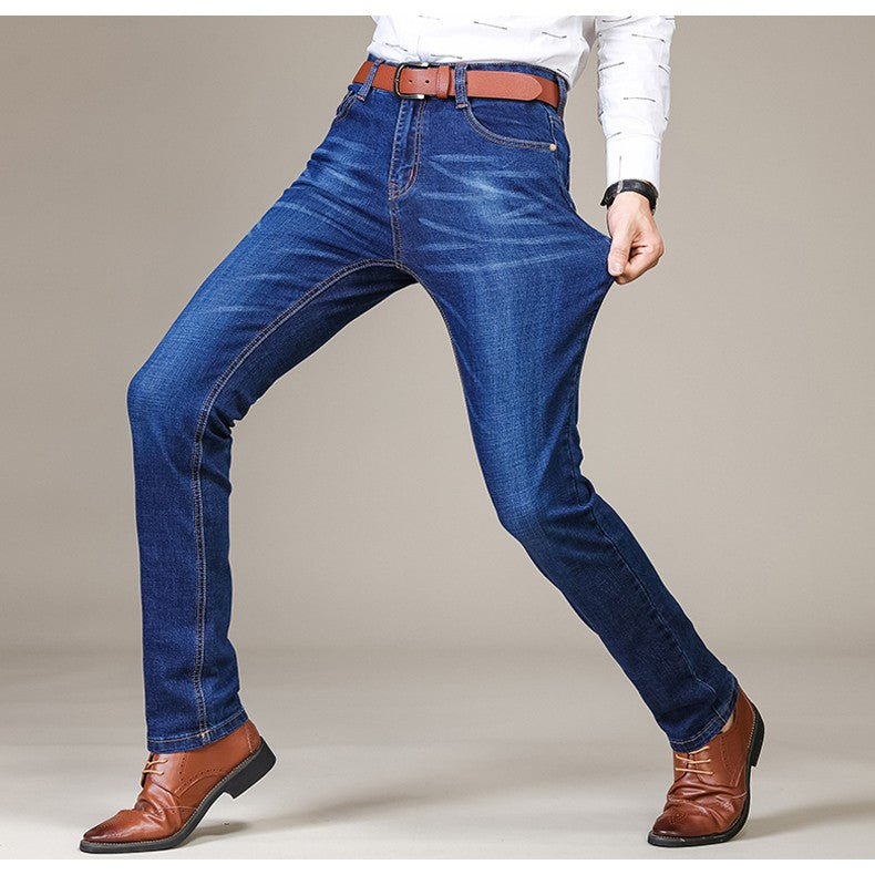 Autumn Classic Men's Fitted Stretch Jeans Business Casual Cotton Denim Straight Leg Pants Male Black Blue Trousers