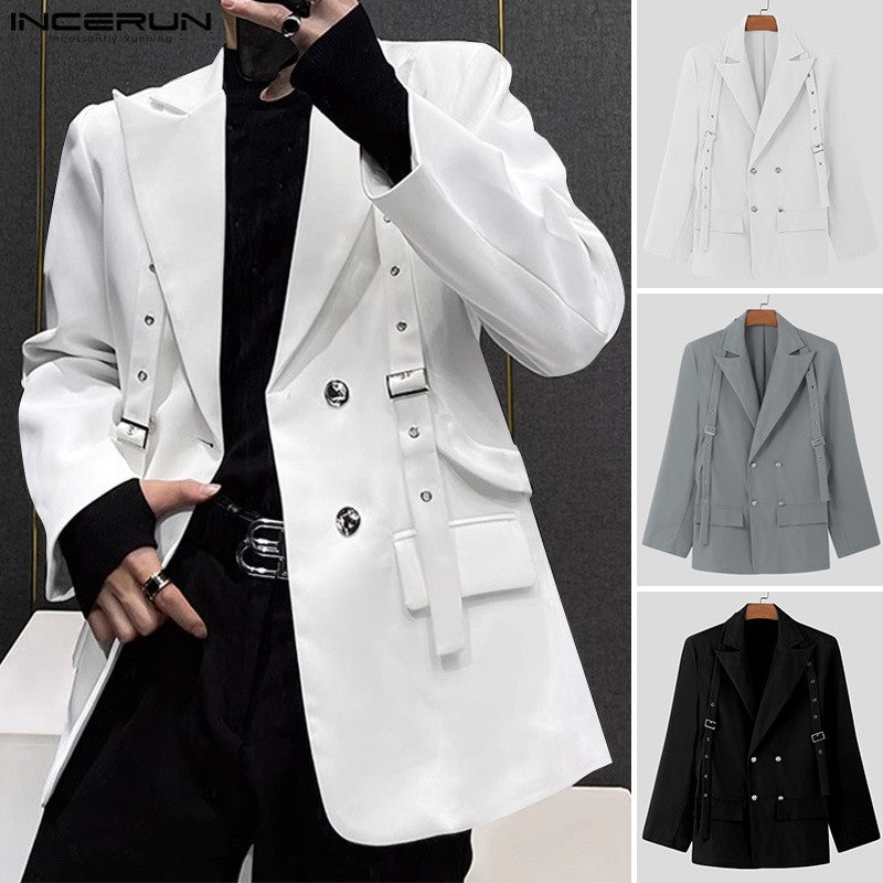 INCERUN Korean Fashion Men Blazer Casual Long Sleeve Solid Tops Pocket Button Steetwear Male Outfits Well Fitting Vintage Coats