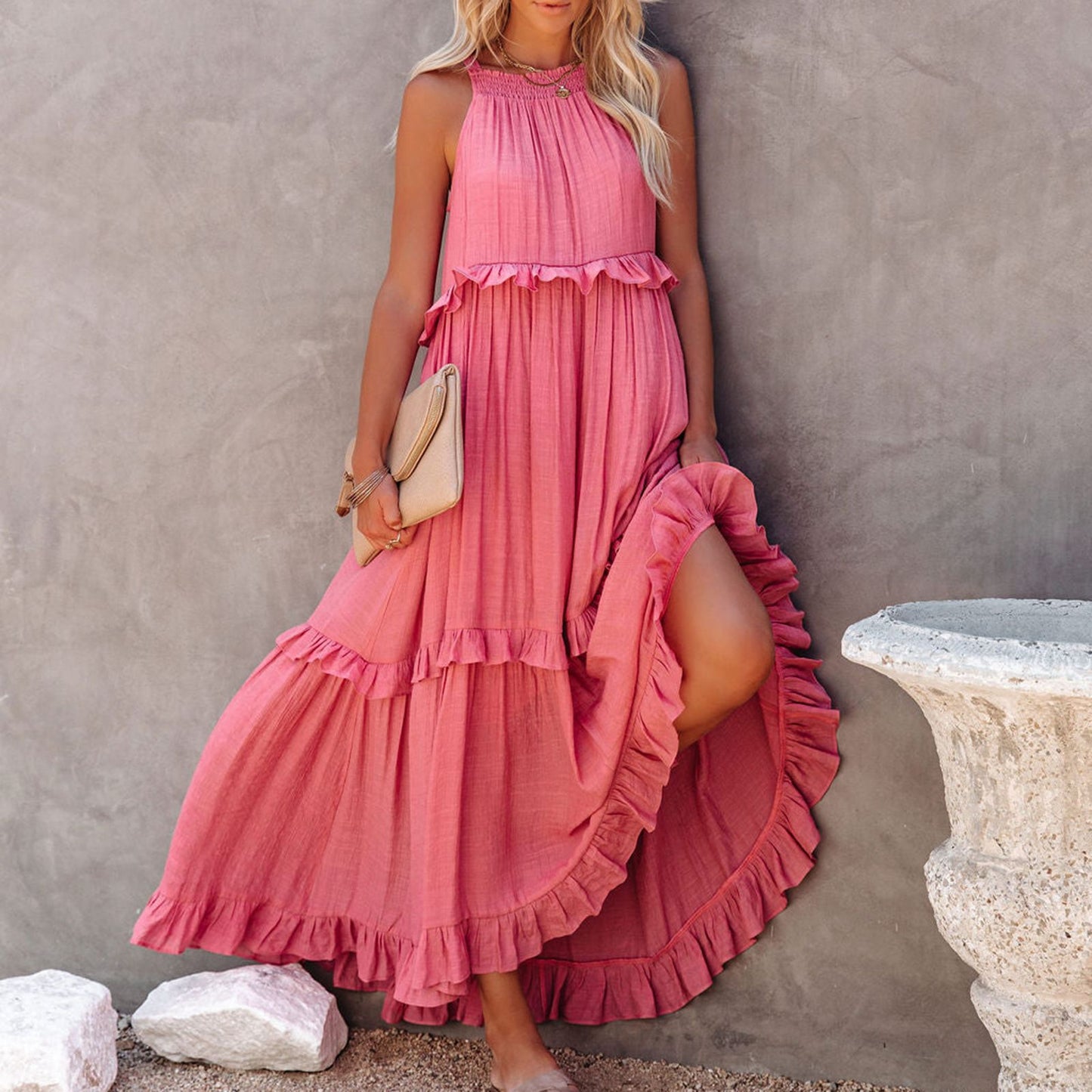 Women Casual Solid Ruffles Long Dress Summer Elegant Sleeveless Sundress Elegant