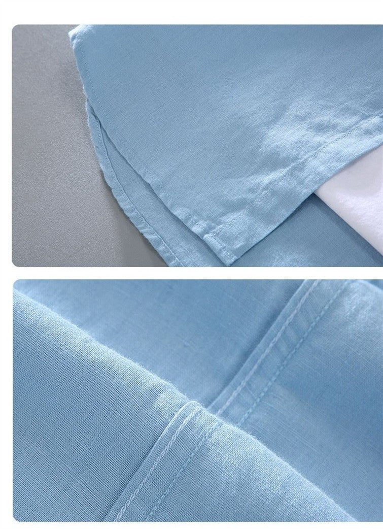 Cotton Linen Hot Sale Men's Short-Sleeved Shirts Summer Streetwear Plain Color Stand Collar Casual Beach Style Plus Size M-3XL