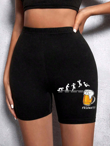 Trend Women Sports Shorts Simple White Line Letter Graphic Print Tight Shorts High Elastic Comfortable Soft Thin Female Clothes