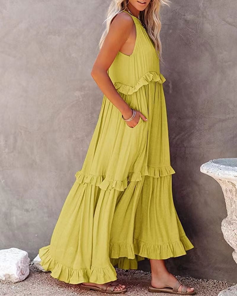 Elegant Women's Apricot Ruffle Edge Long Mop Floor Dresses Summer Fashion Hangin