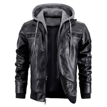 Men's PU Leather Jacket Hooded Motorcycle Slim Fit Casual Coats Men Autumn Winter Windproof Hat Detachable Biker Leather Outwear