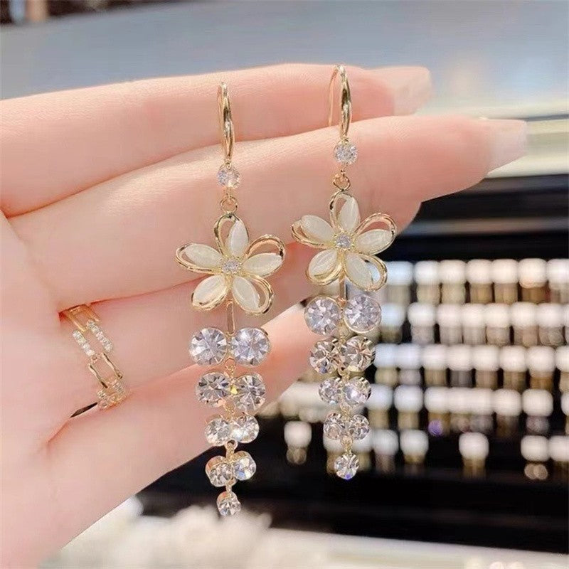 Green Shiny Zircon Flower Drop Earrings For Women Luxury Crystal Long Tassel Ear Line Hanging Earring Girls Wedding Jewelry Gift
