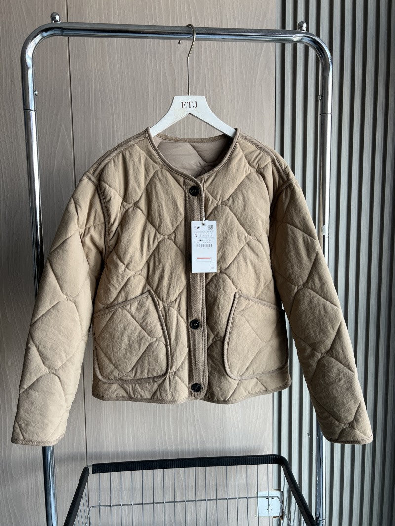 ETJ 2025 TRAF Spring new women's vintage crewneck quilted cotton-padded loose version of quilted casual jacket