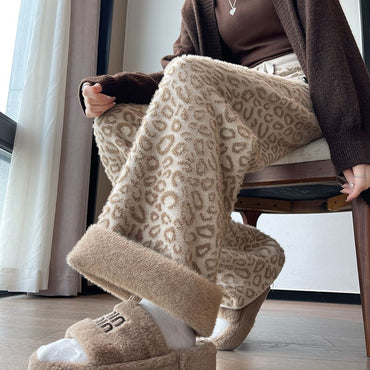 Coffee Leopard Print Knitted Wide Leg Pants Women Mink Fleece Warm Winter Double-sided Fleece Winter Pants Lazy Hanging Feeling