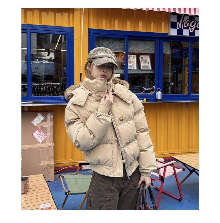 South District Fiona Women's Winter Jacket Navy Blue Cotton Short down Coat with Detachable Hood And Fur Collar