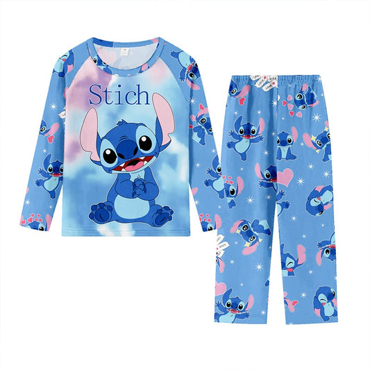 2pcs Stitch Printed Pajama Set for Kids, Long Sleeve Top & Pants, Round Neck, Stitch Home Wear Set for Boys and Girls
