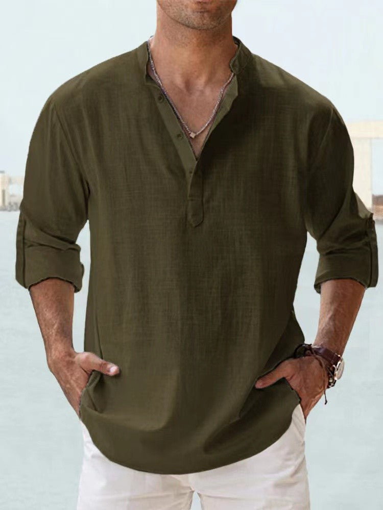 2023 New Men's Linen Long Sleeve Breathable Shirt Solid Color Casual Basic Cotton Linen Shirt Tops S-5XL