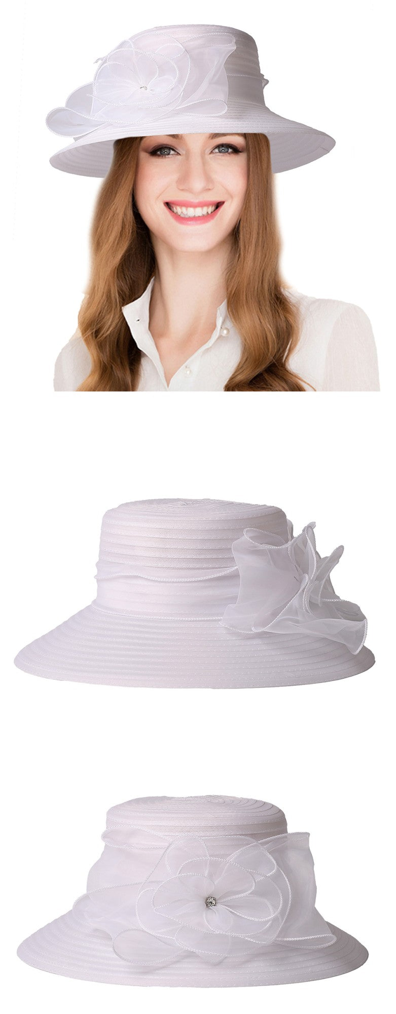 FS Chapéus Brancos de Igreja para Mulheres Elegantes com Aba Larga Fascinators de Casamento Boné com Flor Chapéu de Balde Guarda-sol de Praia de Inverno Sombrero