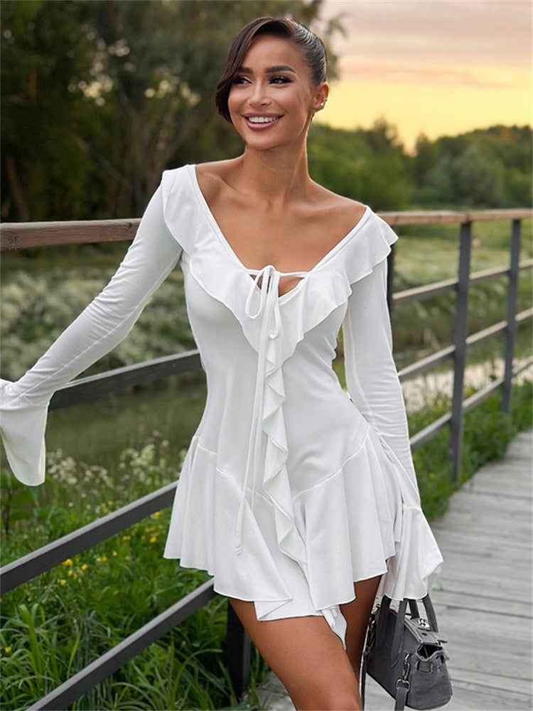 Ruffled Lace-Up White Mini Dress Women's V-Neck Patchwork Long Sleeve Sexy Slim