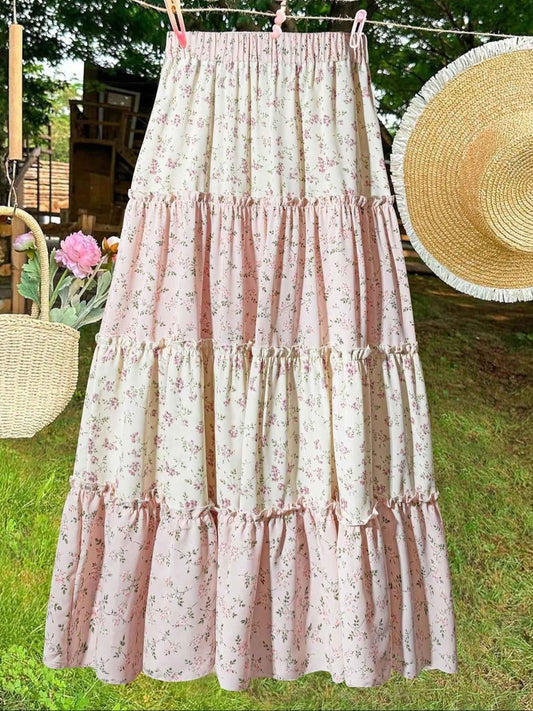 ?Plus Size? Floral Print Ruffle Trim Tiered Layer Skirt, Boho Fashion Casual Hat Decor Long Skirt for Daily Holiday Vacation Wea