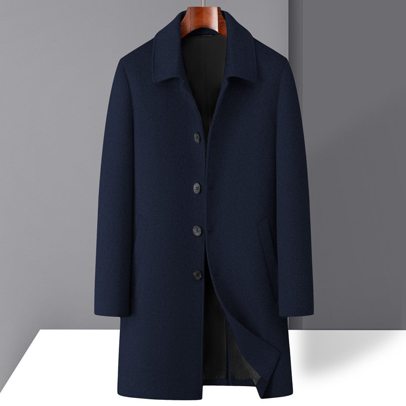 High-quality men's fashionable, stylish and versatile solid-color casual long woolen overcoat, wool woolen overcoat