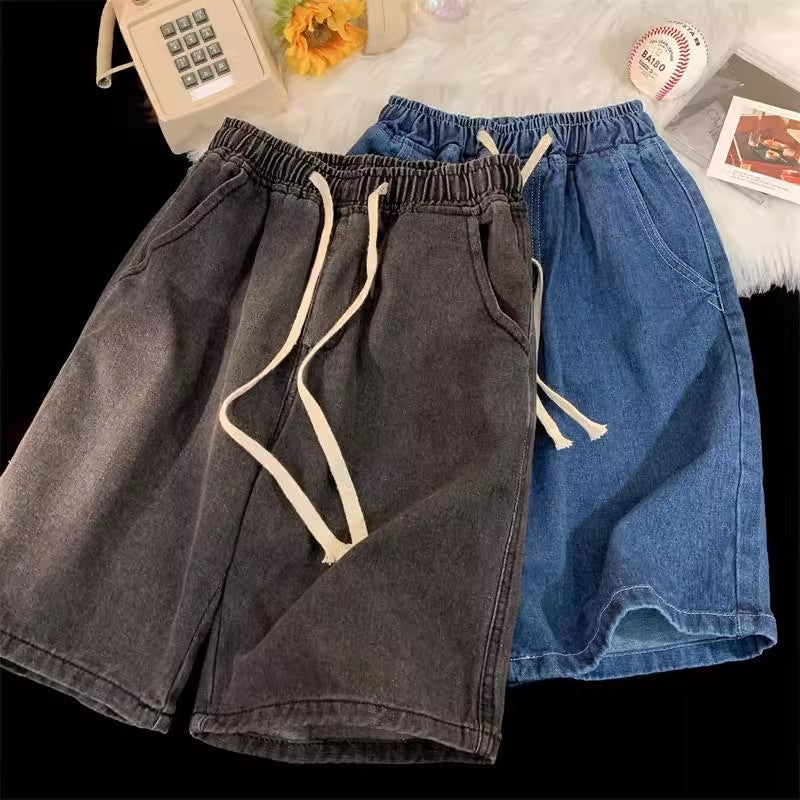 2025 New American retro short men's wide leg jeans Y2k Gothic washed loose straight leg casual men's denim shorts sports pants